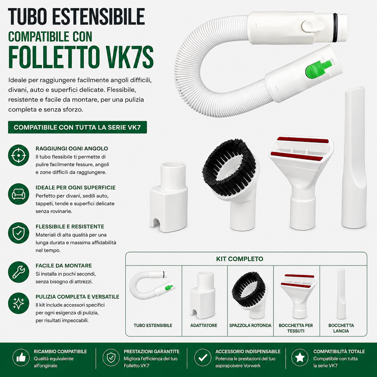 Tubo Estensibile Alta Qualità per Folletto VK7S – Include Accessori Multifunzione – Compatibilità Garantita con Vorwerk VK7 Serie
