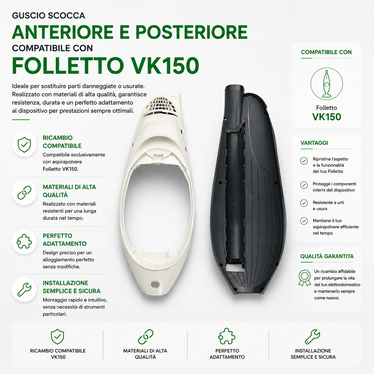Guscio Scocca Anteriore e Posteriore Compatibile per aspirapolvere Folletto VK150 – Ricambio di Alta Qualità, Resistente e Facile da Installare
