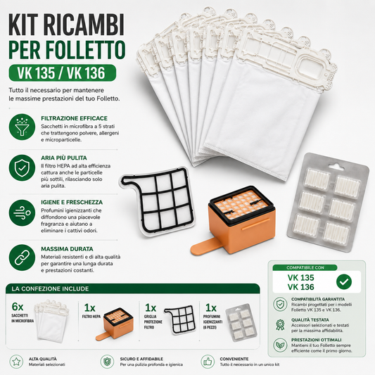 Kit Folletto sacchetti,filtri e profumi compatibili VK135 vk136