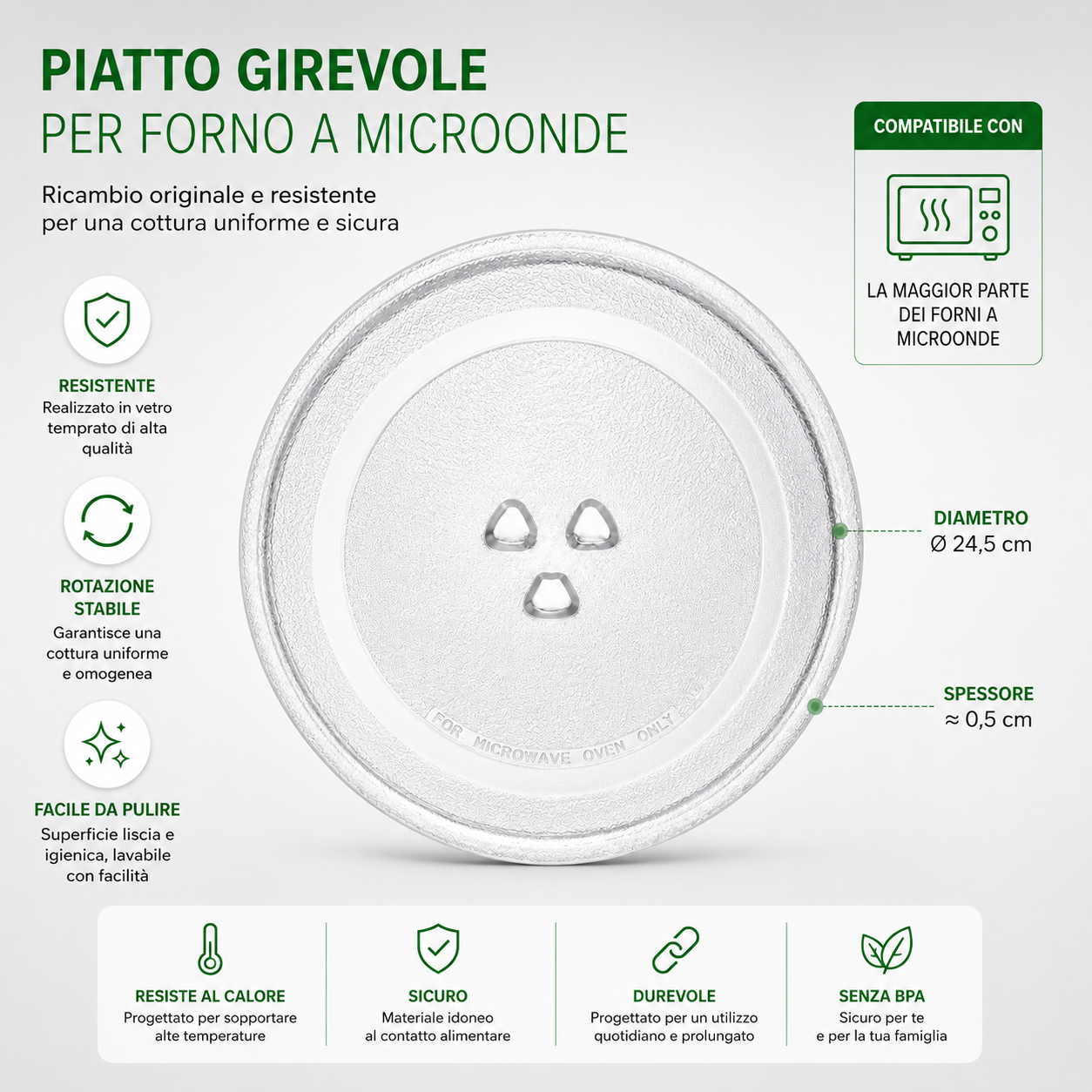 Piatto Microonde Universale 24,5 cm con 3 Fissaggi in Vetro Temperato