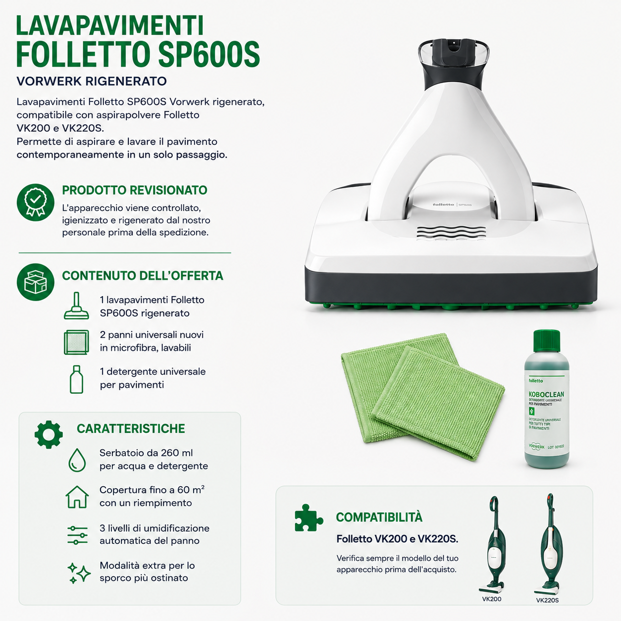 Lavapavimenti Folletto SP600S Vorwerk per VK200 e VK220S rigenerato