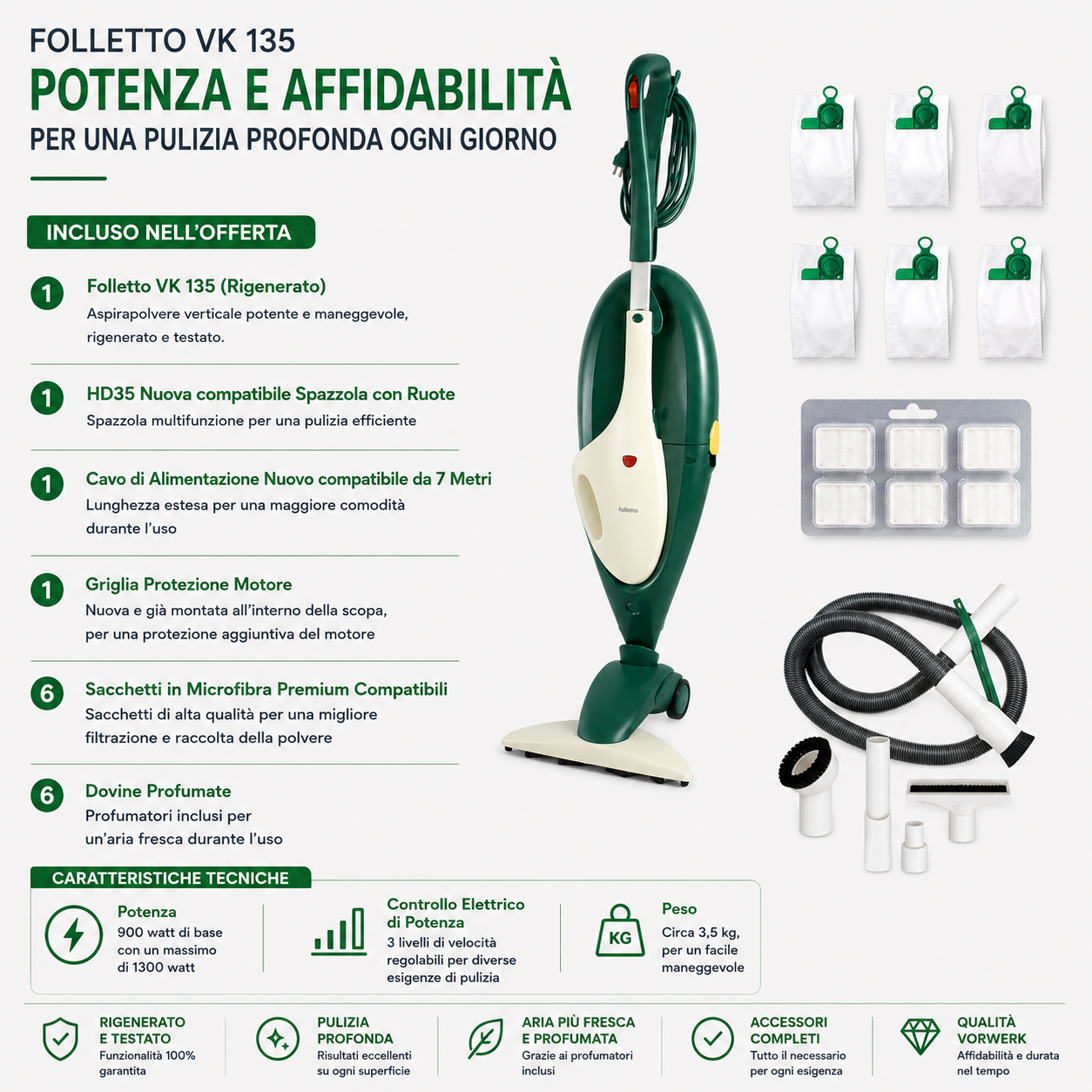 ASPIRAPOLVERE VORWERK FOLLETTO MODELLO VK135 CON HD 35 RIGENERATO