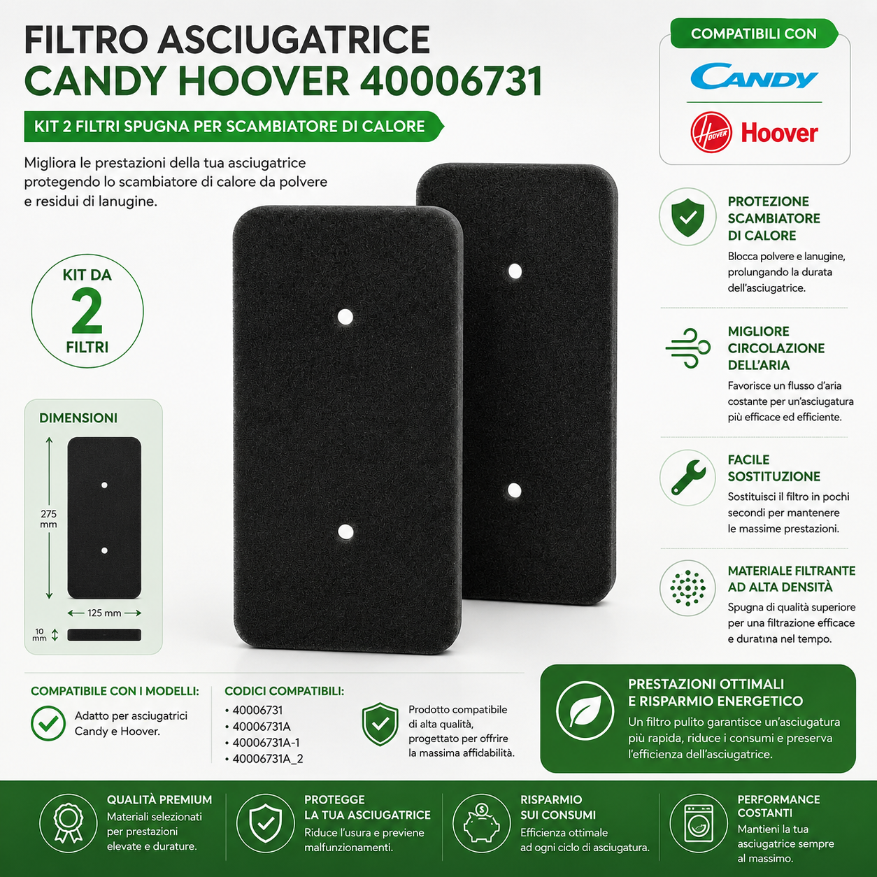 Filtro Spugna Asciugatrice Candy Hoover 40006731 2 Pezzi 275x125x10 mm