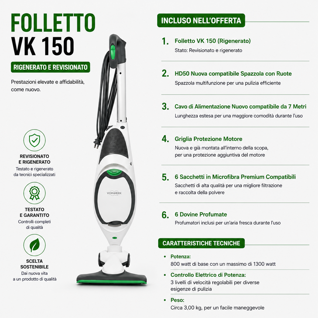 ASPIRAPOLVERE VORWERK FOLLETTO VK150 CON SPAZZOLA HD50 RIGENERATO