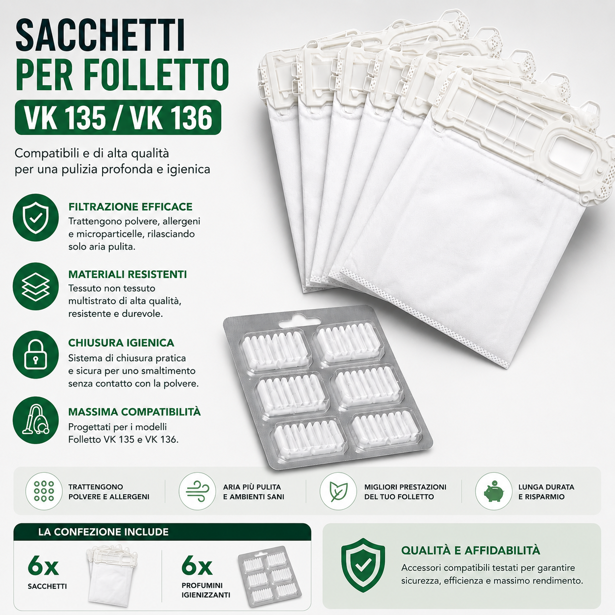 Kit Folletto sacchetti e profumi compatibili VK135 VK136