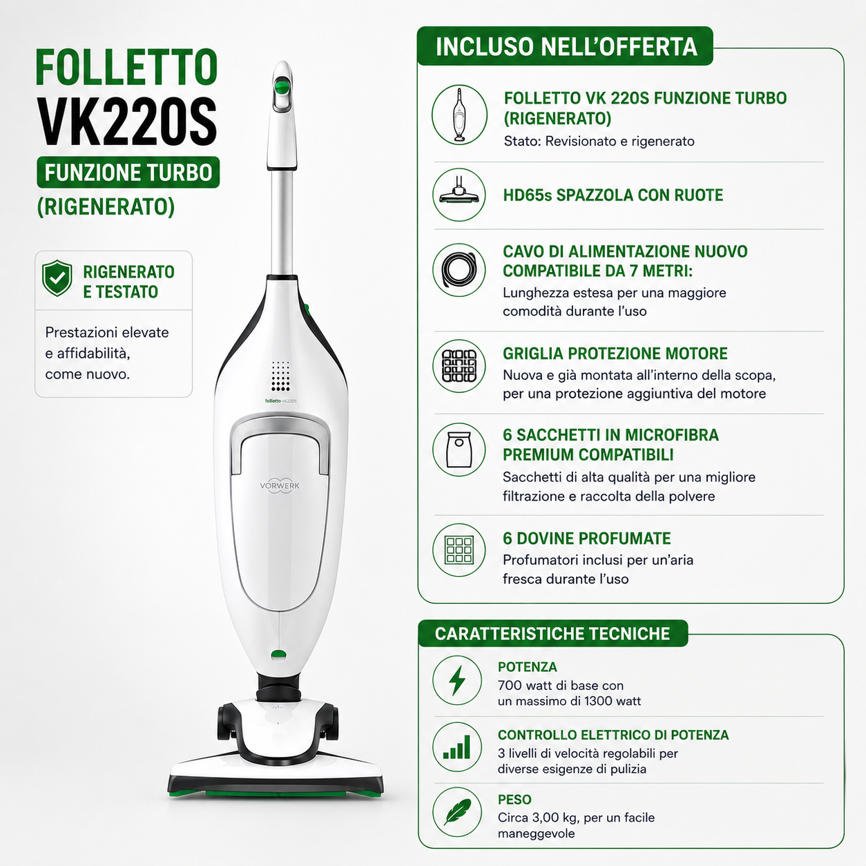 ASPIRAPOLVERE FOLLETTO VORWERK VK 220S FUNZIONE TURBO RIGENERATO