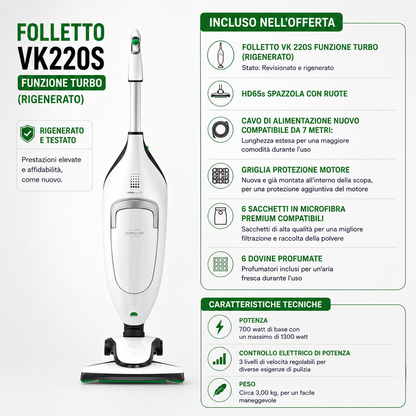 ASPIRAPOLVERE FOLLETTO VORWERK VK 220S FUNZIONE TURBO RIGENERATO
