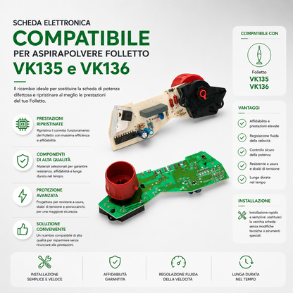 Scheda Elettronica Compatibile Vorwerk Folletto VK135 VK136 – Ricambio di Potenza con Controllo Velocità, Facile da Installare