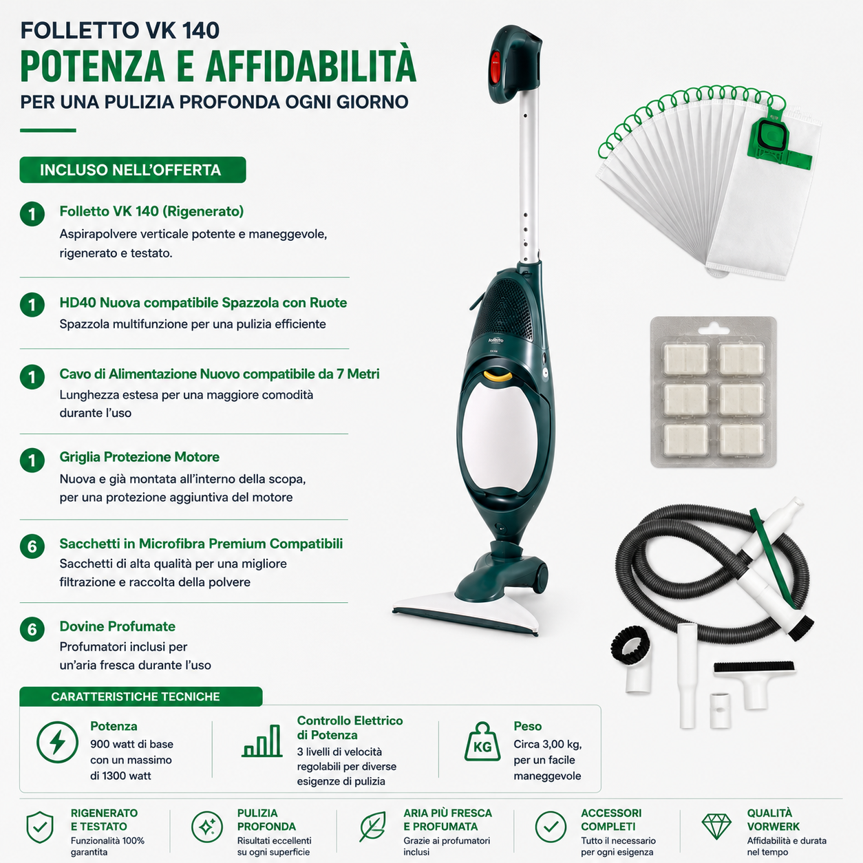 ASPIRAPOLVERE VORWERK FOLLETTO VK 140 CON HD 40 RIGENERATO