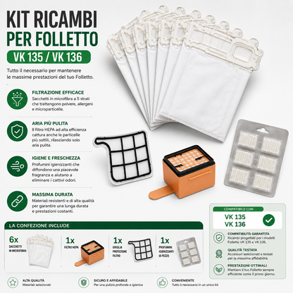 Kit Folletto sacchetti,filtri e profumi compatibili VK135 vk136