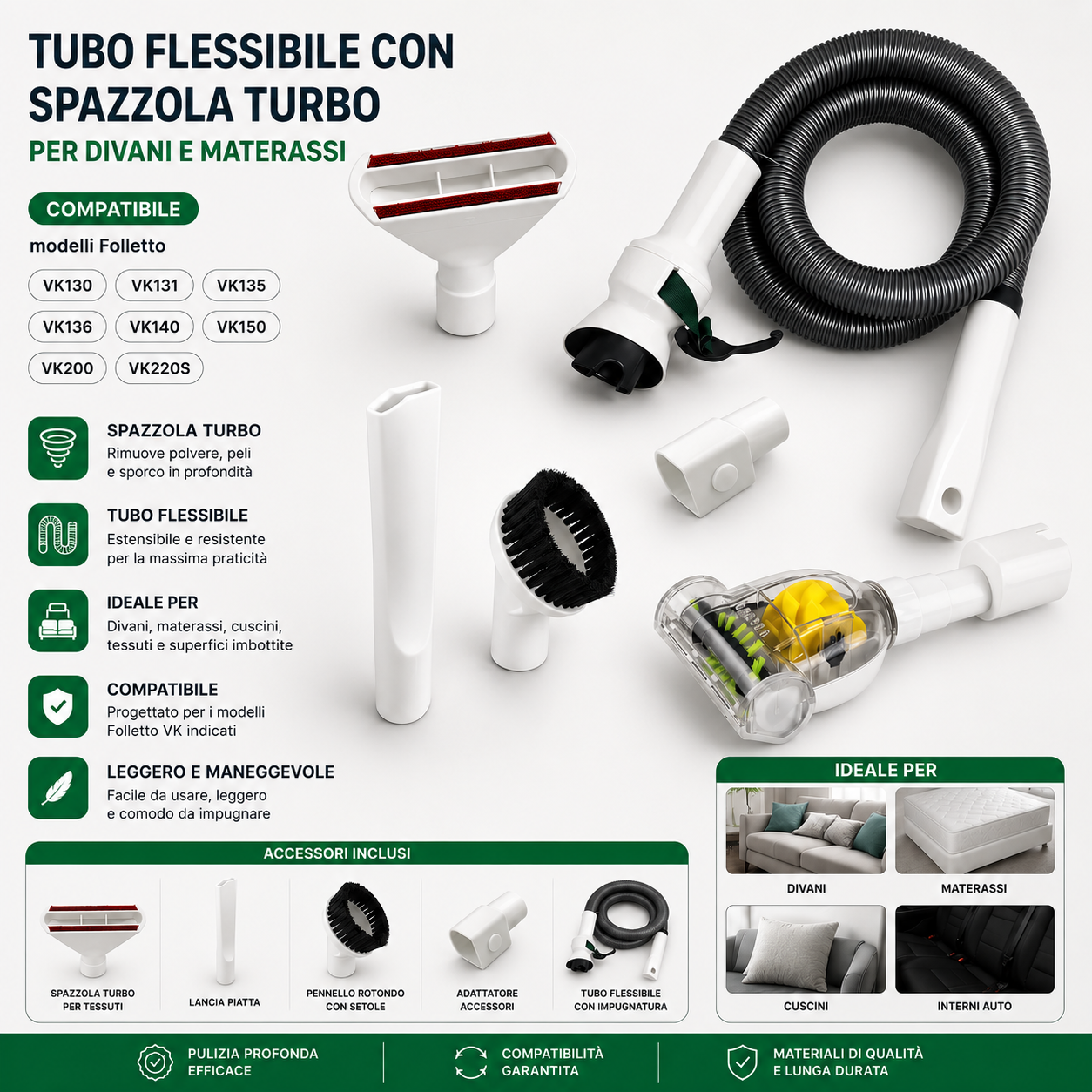 Tubo Flessibile Folletto con Spazzola Turbo per Divani e Materassi – Compatibile Modelli vk130-vk131-vk135-vk136-vk140-vk150-vk200-vk220s