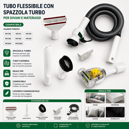 Tubo Flessibile Folletto con Spazzola Turbo per Divani e Materassi – Compatibile Modelli vk130-vk131-vk135-vk136-vk140-vk150-vk200-vk220s
