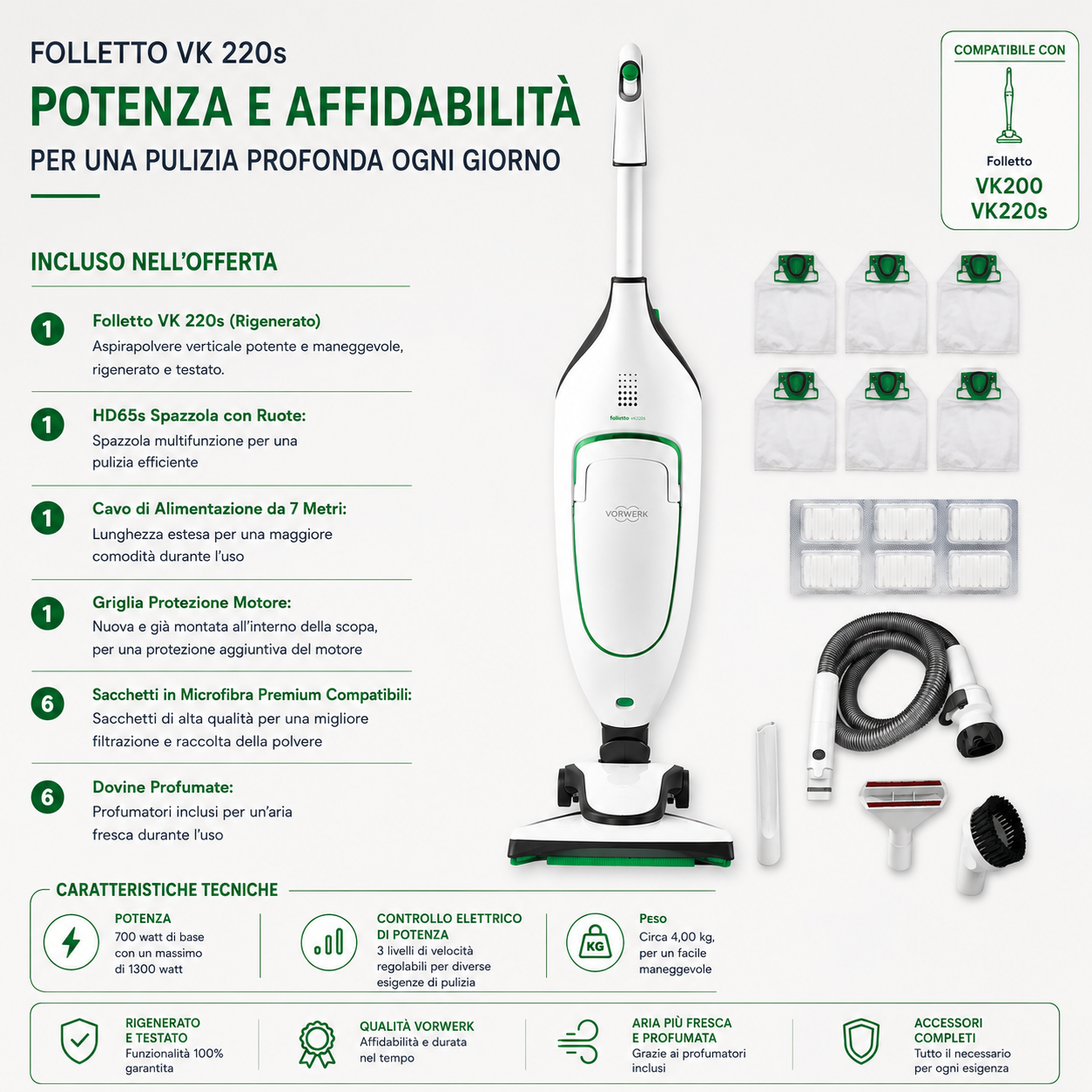 ASPIRAPOLVERE  VORWERK FOLLETTO VK220S CON HD65 + TUBO CON ACCESSORI RIGENERATO