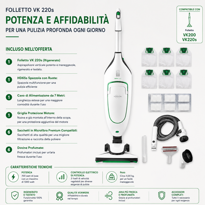 ASPIRAPOLVERE  VORWERK FOLLETTO VK220S CON HD65 + TUBO CON ACCESSORI RIGENERATO