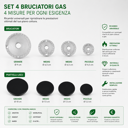 Kit Bruciatori Cucina a Gas Ariston Nardi Whirlpool C00082831 8 Pezzi
