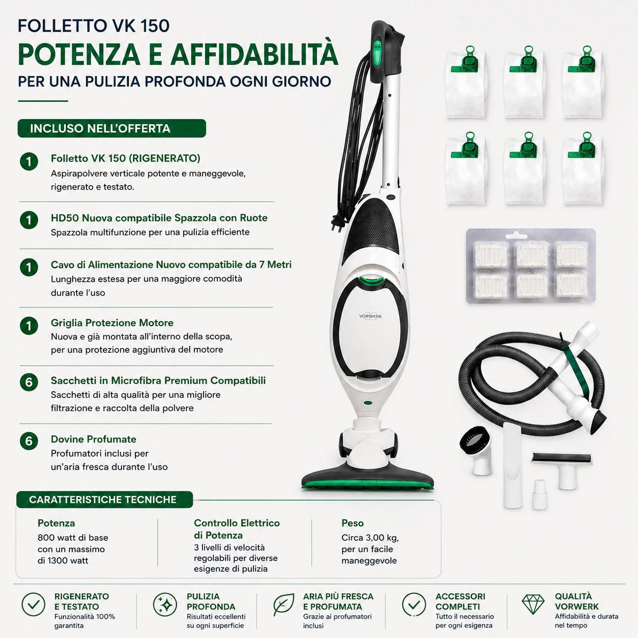 ASPIRAPOLVERE VORWERK FOLLETTO VK150  CON SPAZZOLA HD50 +TUBO CON ACCESSORI RIGENERATO