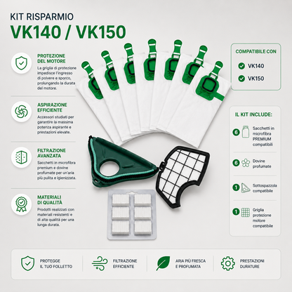 Kit Folletto sacchetti, filtri, spazzola e profumi compatibili VK140/VK150