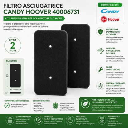 Filtro Spugna Asciugatrice Candy Hoover 40006731 2 Pezzi 275x125x10 mm