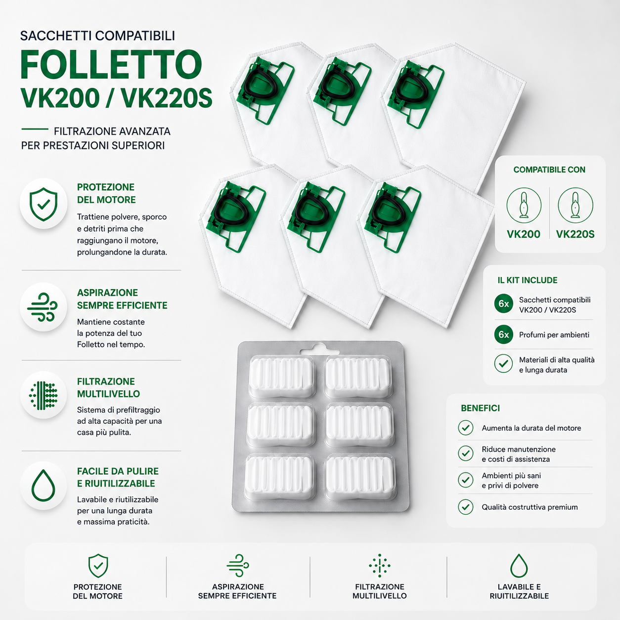 Kit Folletto sacchetti e profumi compatibili VK200-V220s