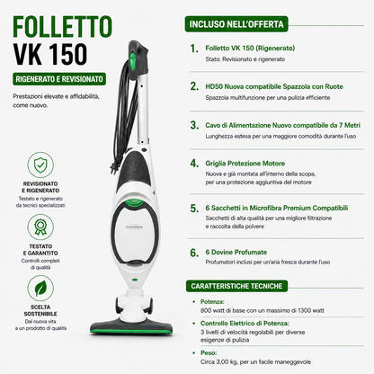 ASPIRAPOLVERE VORWERK FOLLETTO VK150 CON SPAZZOLA HD50 RIGENERATO
