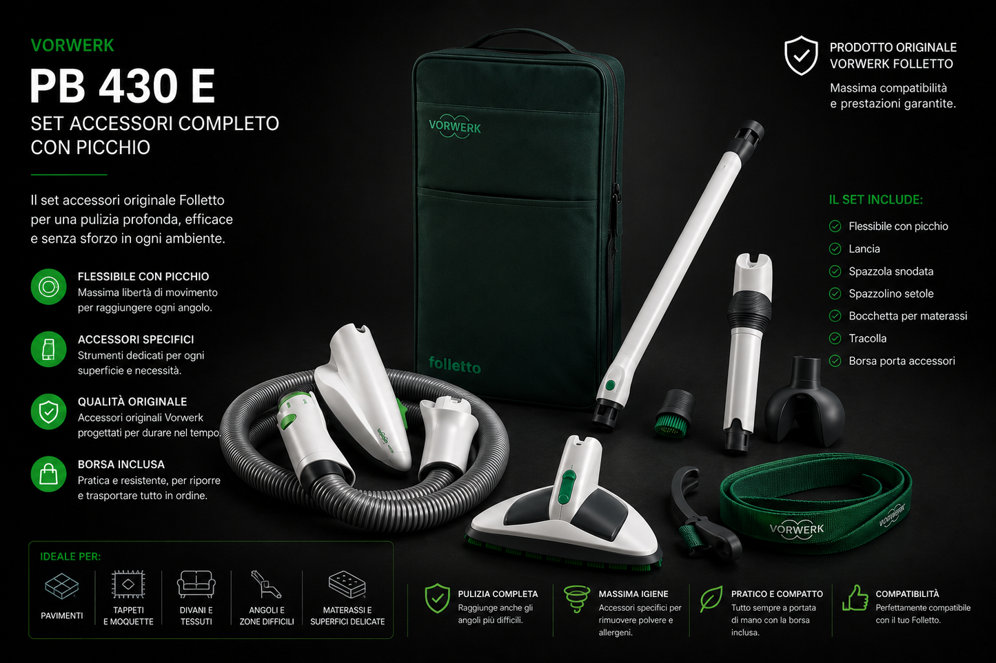 Vorwerk Folletto Borsa con Picchio PB 430e Set Accessori.        (Rigenerato)