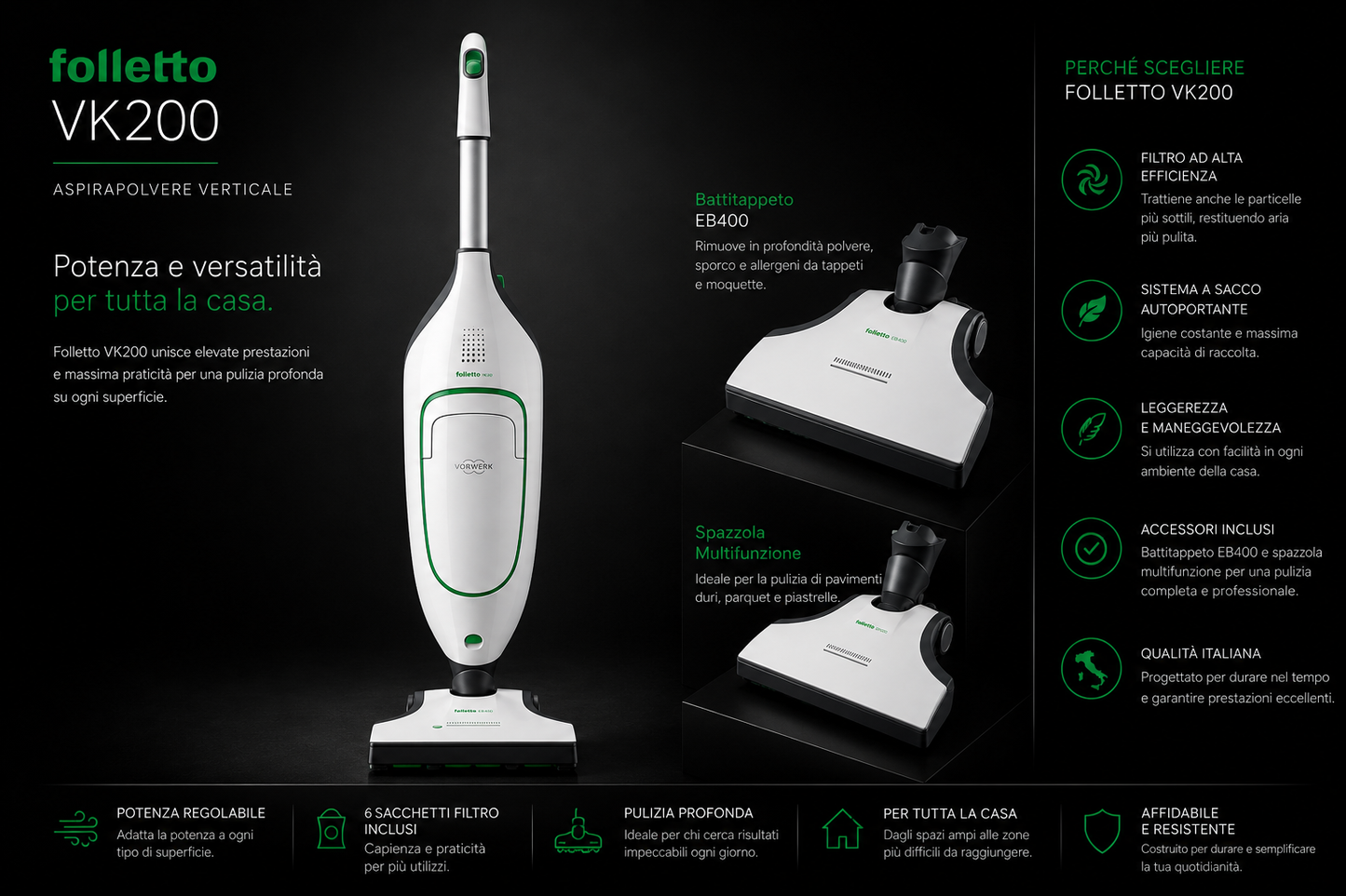 ASPIRAPOLVERE  VORWERK FOLLETTO VK 200 BATTITAPPETO EB400 SPAZZOLA MULTIFUNZIONE