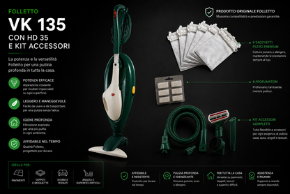 ASPIRAPOLVERE FOLLETTO VK 135 CON HD 35  TUBO +KIT ACCESSORI  RIGENERATO