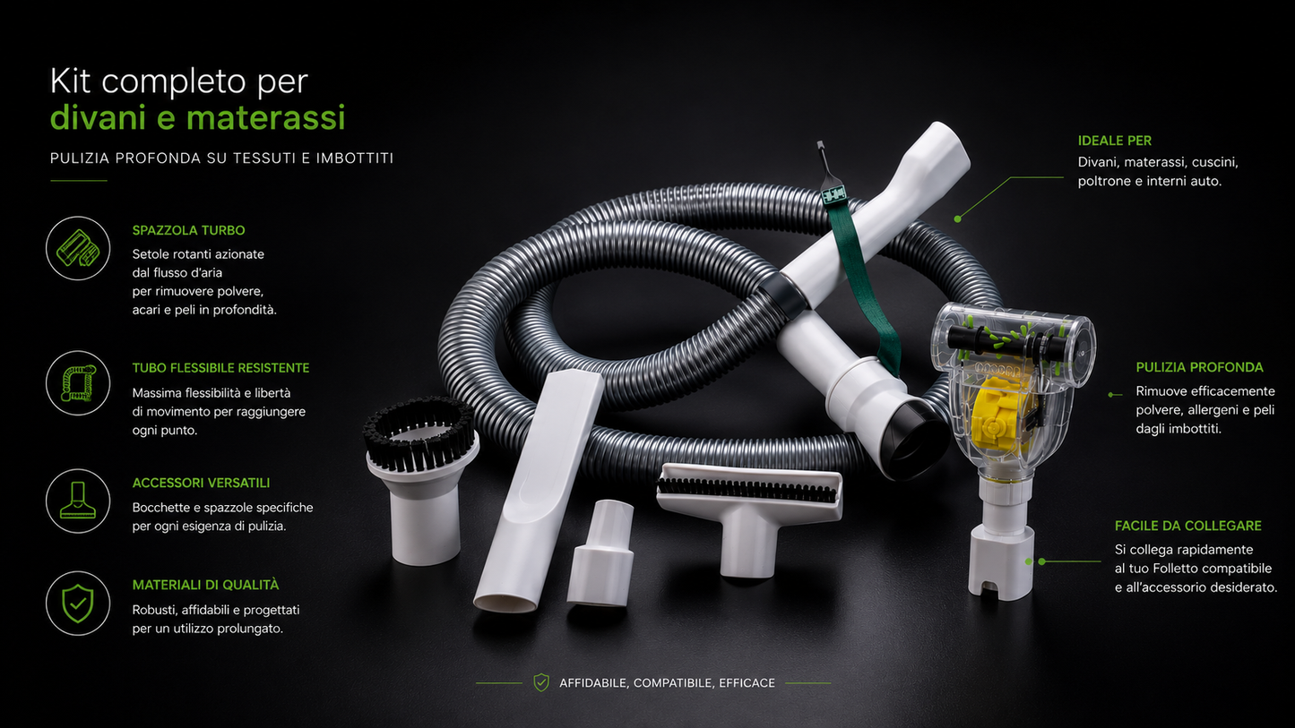 Tubo Flessibile Folletto con Spazzola Turbo per Divani e Materassi – Compatibile Modelli vk130-vk131-vk135-vk136-vk140-vk150-vk200-vk220s