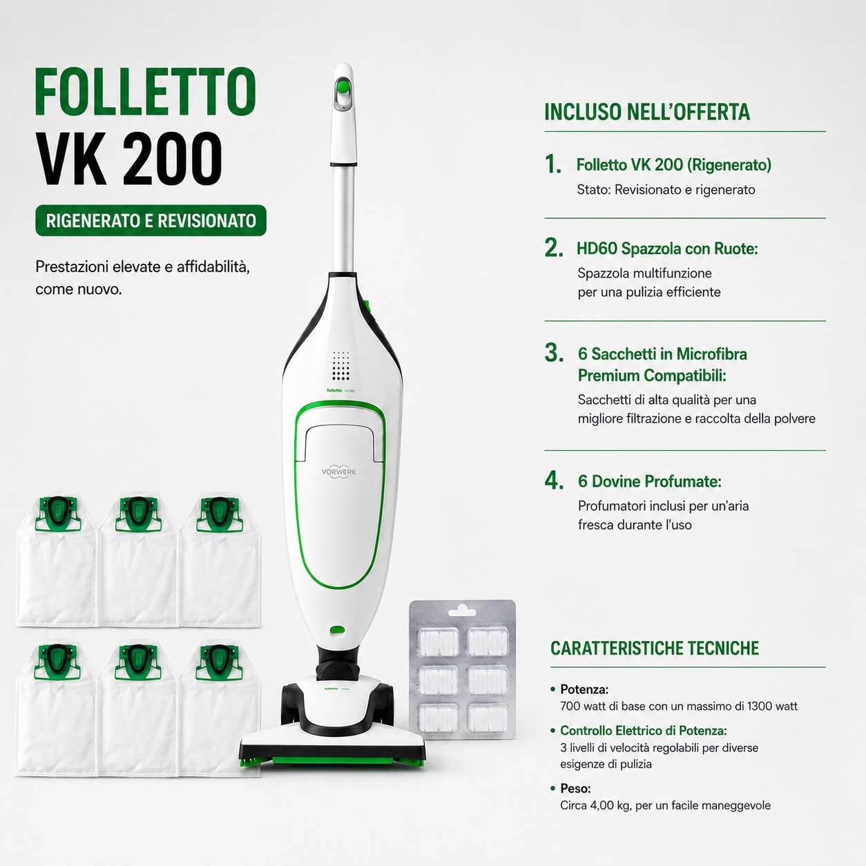 Aspirapolvere Folletto VK200 Vorwerk rigenerato con spazzola HD60