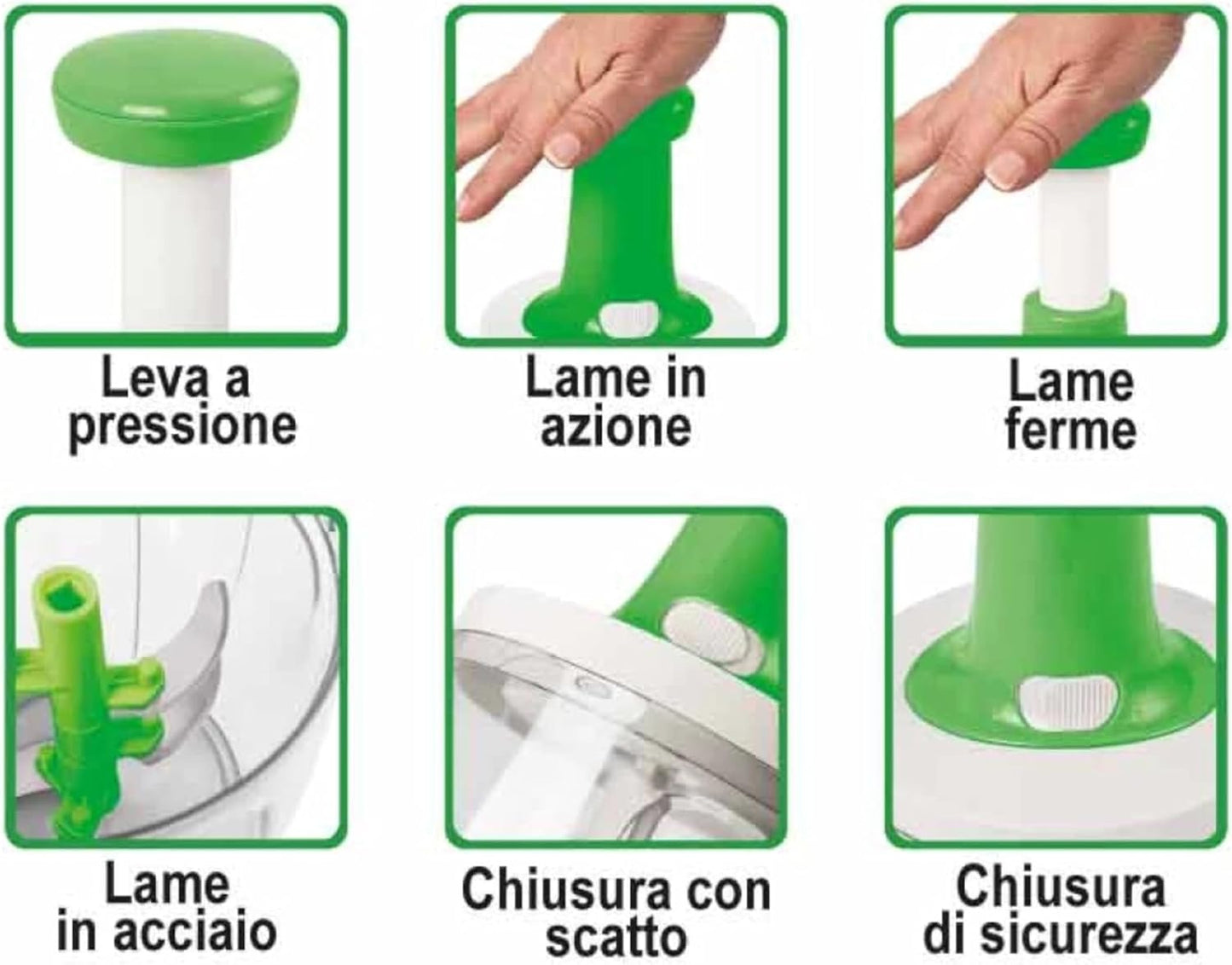 Tritatutto Manuale a Pressione – 5 Lame in Acciaio + 2 Contenitori