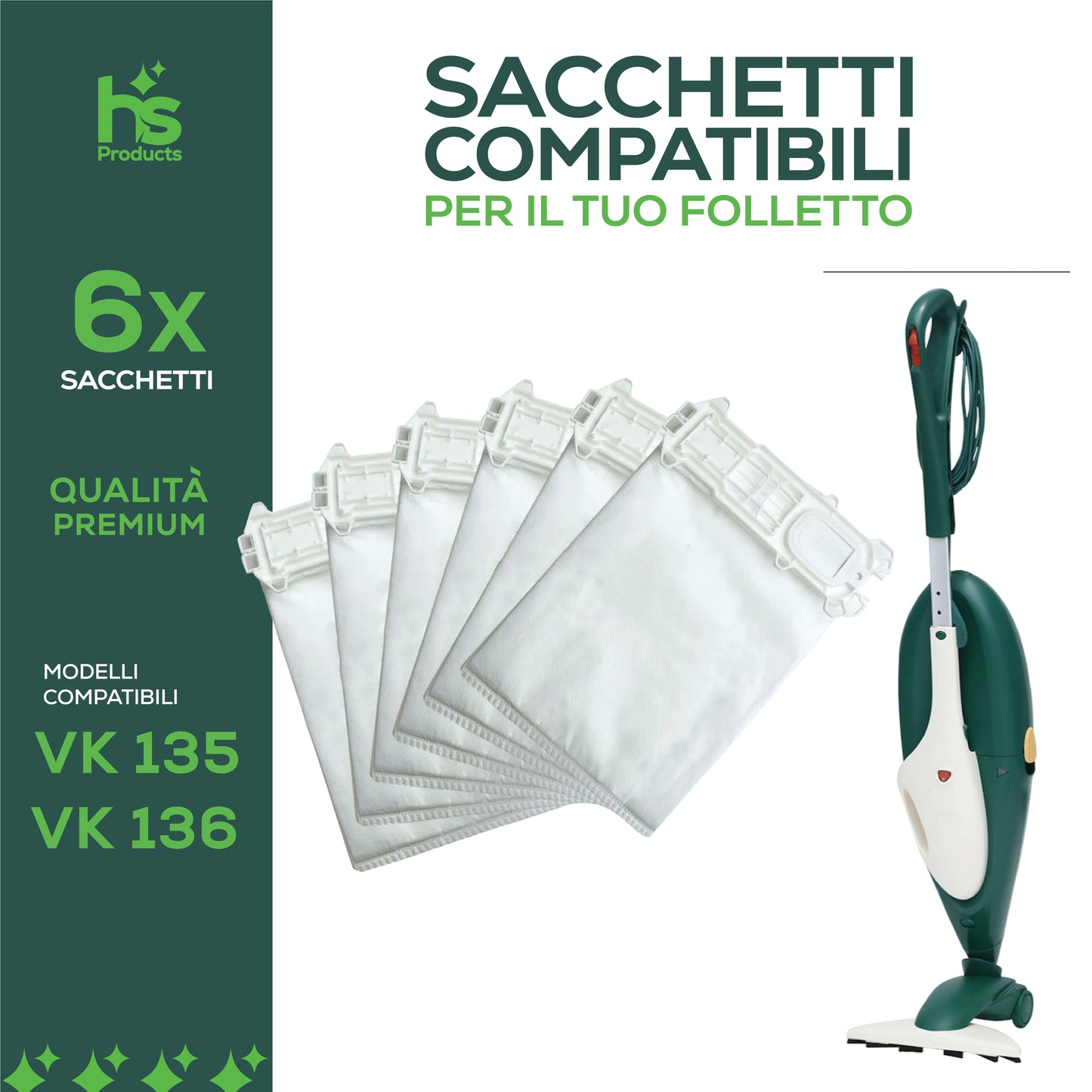 Sacchetti per Folletto VK135 e VK136 compatibili – 6 sacchetti e 6 bustine profumate fragranza Roma